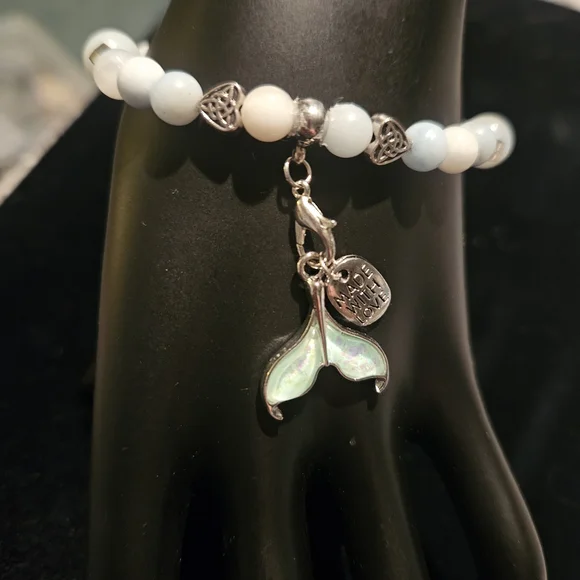 Silver and White Beaded Bracelet with Mermaid Charm - Picture 1 of 1